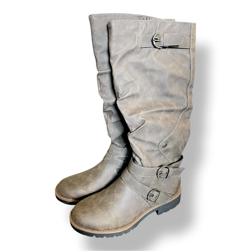 Sun + Stone Brinley Faux Leather Tall Riding Boots Charcoal NIB